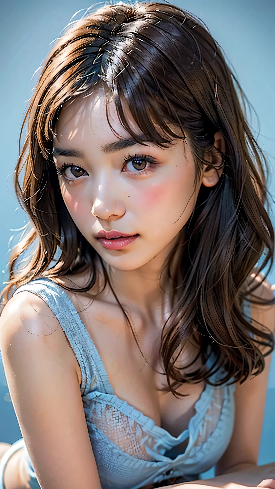 (8k, RAW Photos, Highest quality, High resolution:1.1), (Ultra-realistic:1.4), (Realistic, Realistic:1.3), (Simple Background, Dull Blue Background:1.4), full body, (whole body), beautiful girl, (sportsy swimwear:1.2), ((brown eyes)), (18 year old age girl), light brown hair color, (big tits:1.2), (complete closed mouth:1.4), lips, realistic, (slim face), ((skinny)), charming, pink lipstick, colorful makeup, long eyelashes, wearing eyeliner, fair skin, (cute), (detailed face), detailed eyes, detailed iris,