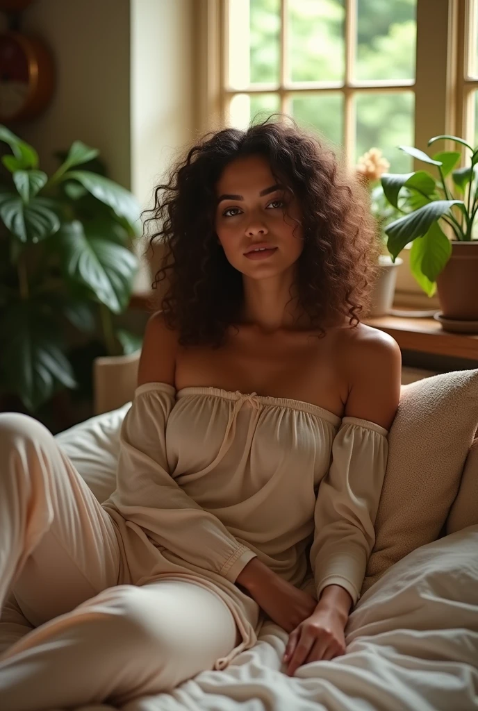 (photorealism:1.2), beautiful woman, sitting on bed, wearing loose off-shoulder top, pajama pants, long curly hair, indoors, soft lighting, plants in background, window with sunlight, cozy room, relaxed pose, realistic, intricate details, warm colors, by Greg Rutkowski, by Alphonse Mucha sin ropa