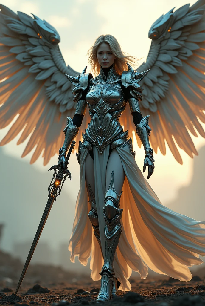 archangel michael,war effect,REAL - style image of a woman with a sword in a field, cyberpunk art inspired by Leng Mei, cgsociety contest winner, fantasy art, beautiful cyborg angel girl, angel knight girl, as a mystical valkyrie, battle angel, angel in plastic armor, mechanized valkyrie girl, unreal engine 4k wallpaper, wraith from apex legends, epic angel wings