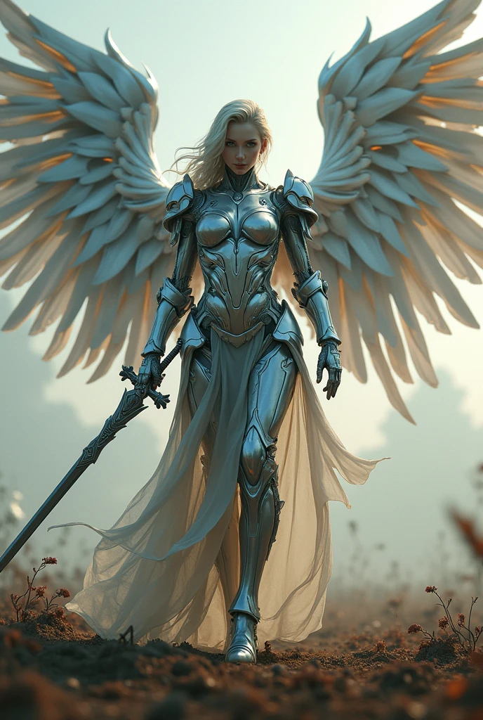 archangel michael,war effect,REAL - style image of a woman with a sword in a field, cyberpunk art inspired by Leng Mei, cgsociety contest winner, fantasy art, beautiful cyborg angel girl, angel knight girl, as a mystical valkyrie, battle angel, angel in plastic armor, mechanized valkyrie girl, unreal engine 4k wallpaper, wraith from apex legends, epic angel wings