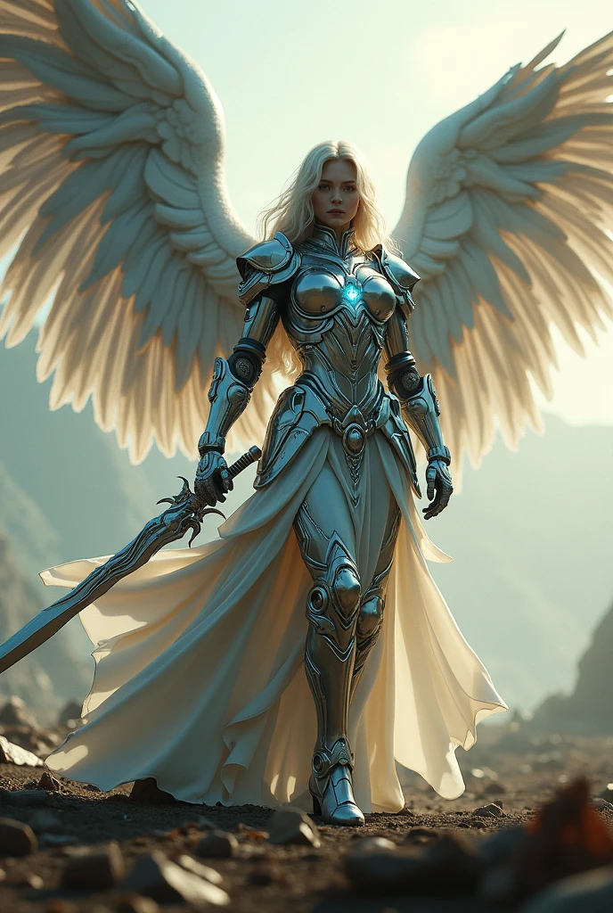archangel michael,war effect,REAL - style image of a woman with a sword in a field, cyberpunk art inspired by Leng Mei, cgsociety contest winner, fantasy art, beautiful cyborg angel girl, angel knight girl, as a mystical valkyrie, battle angel, angel in plastic armor, mechanized valkyrie girl, unreal engine 4k wallpaper, wraith from apex legends, epic angel wings
