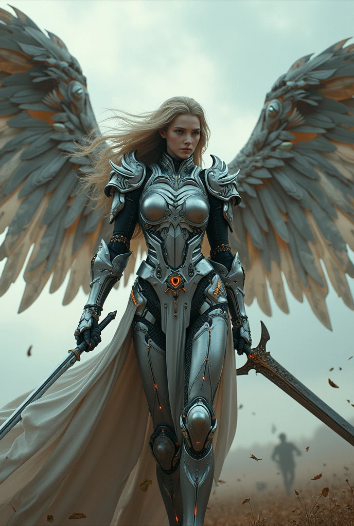 archangel michael,war effect,REAL - style image of a woman with a sword in a field, cyberpunk art inspired by Leng Mei, cgsociety contest winner, fantasy art, beautiful cyborg angel girl, angel knight girl, as a mystical valkyrie, battle angel, angel in plastic armor, mechanized valkyrie girl, unreal engine 4k wallpaper, wraith from apex legends, epic angel wings