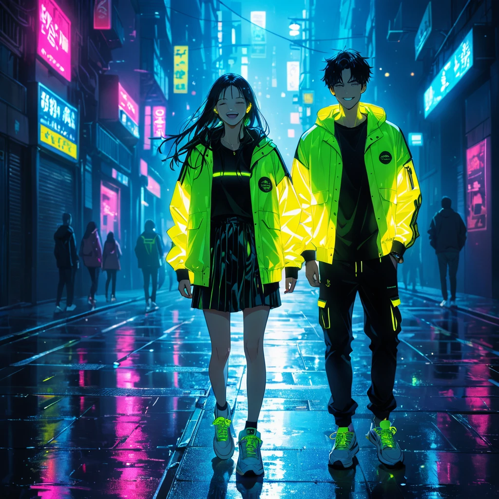 "An anime-style illustration of a man and a woman in darkness. The man is laughing, and both are dressed in street-style jackets and sneakers. Their outfits feature red fluorescent colors that make them visible in the dark. The woman's full body and the man's full body are clearly shown, with glowing yellow accents on their jackets and sneakers to highlight them against the dark, urban background."dark,
High resolution, masterpiece, accurate, bestquality, High detail, high quality, Very detailed, dark,longhairVery detailed, Ultra high definition, 