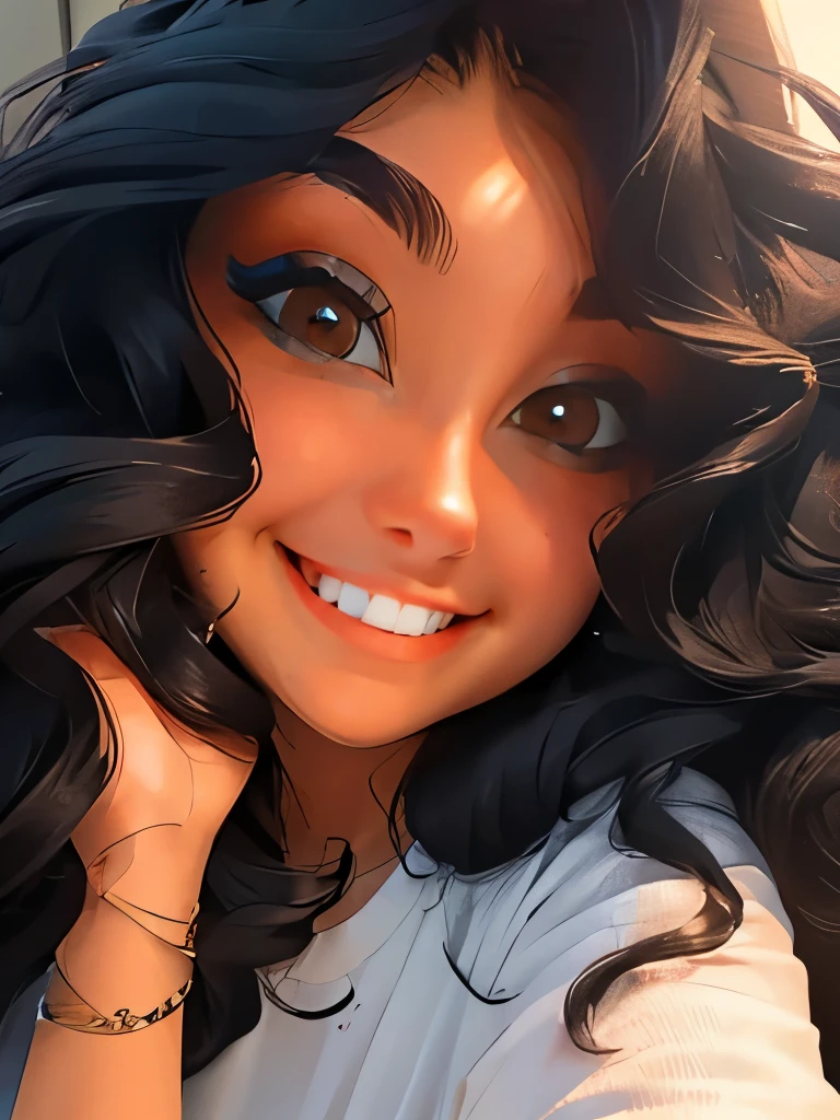 Ultra-detailed face, Detailed eyes, smiling. brown eyes, black wavy hair, one lady. Masterpiece.