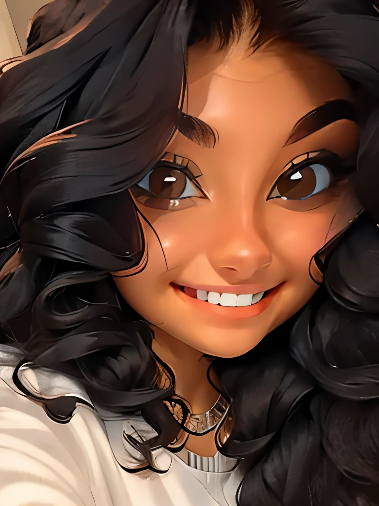 Ultra-detailed face, Detailed eyes, smiling. brown eyes, black wavy hair, one lady. Masterpiece.