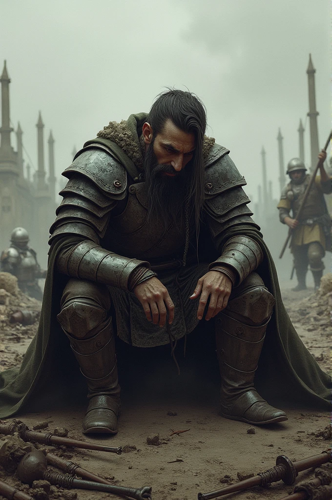 A warrior waking on battle field after a long battle