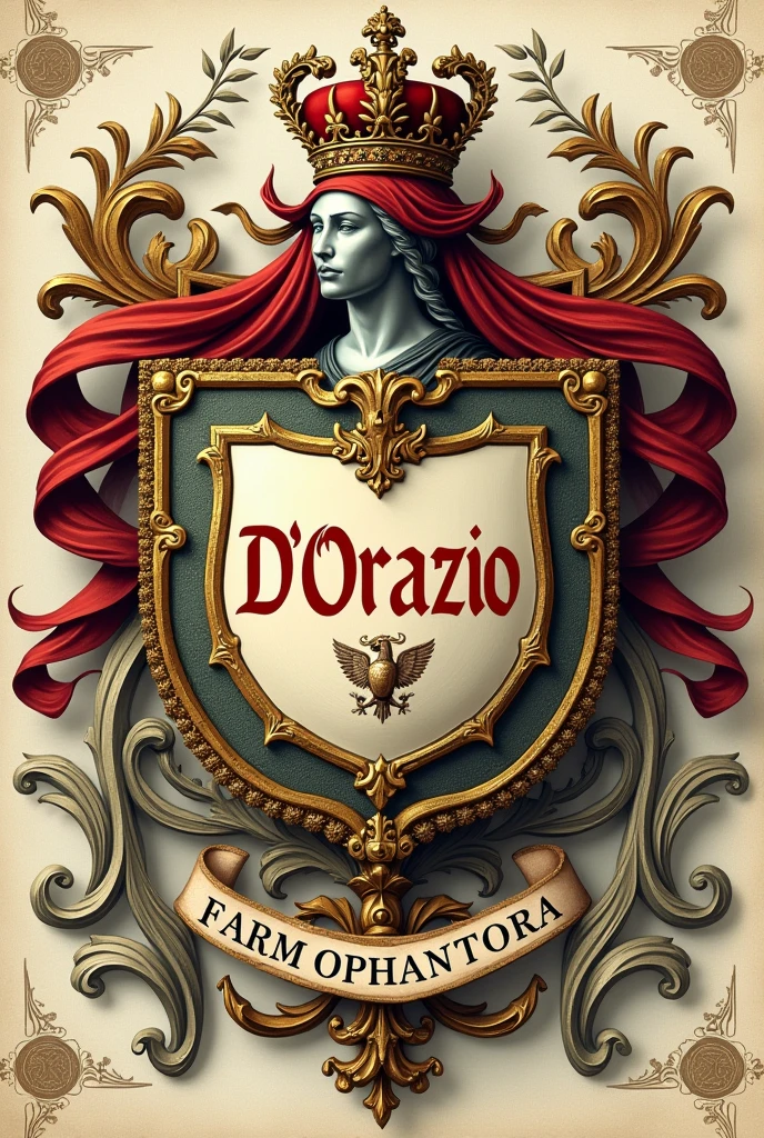 Make the coat of arms of the surname D&#39;Orazio with the name D&#39;Orazio in the traditional old coat of arms Italy