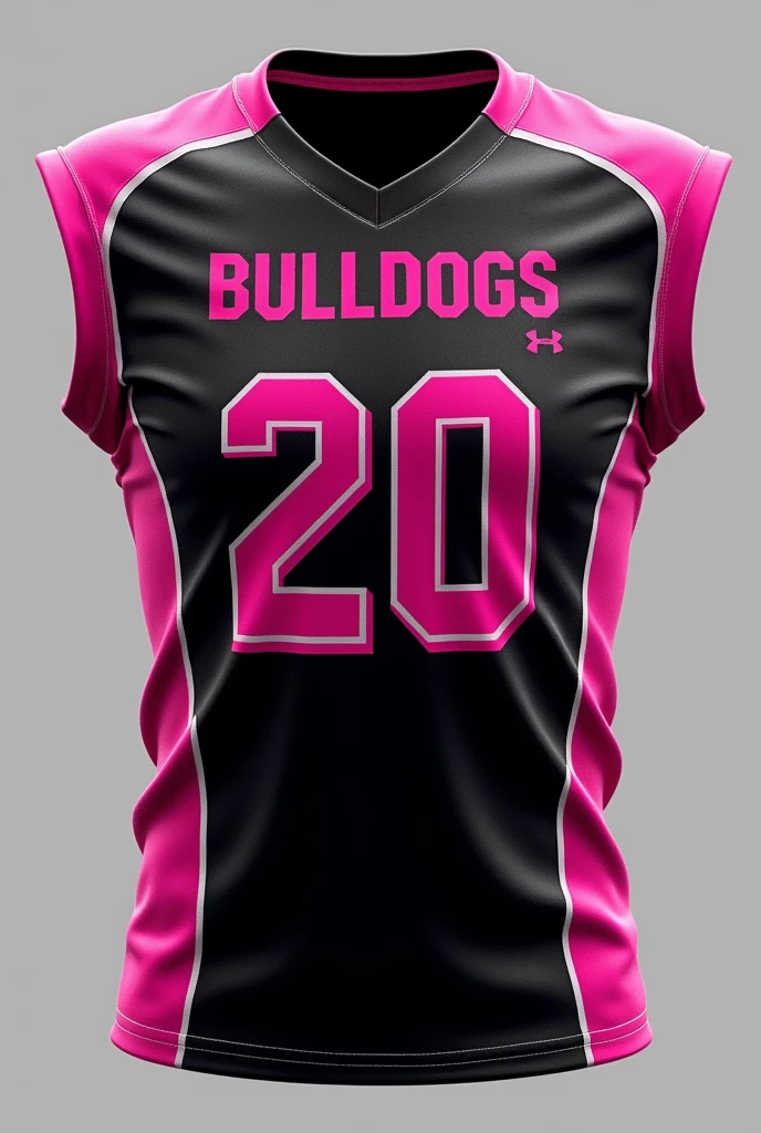 Black and pink flag football jersey, that says BULLDOGS and the number 20 on the front and that it doesn't have sleeves and has a print