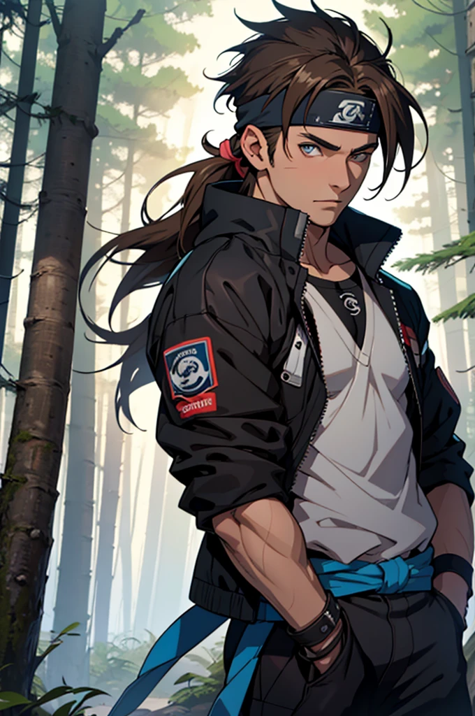 A European looking guy with messy straight  chocolate brown hair, named Mira1, Handsomer, High quality picture, With Naruto blue headband With air symbol, wearing black jacket, 4K, in the forest, both eyes clear