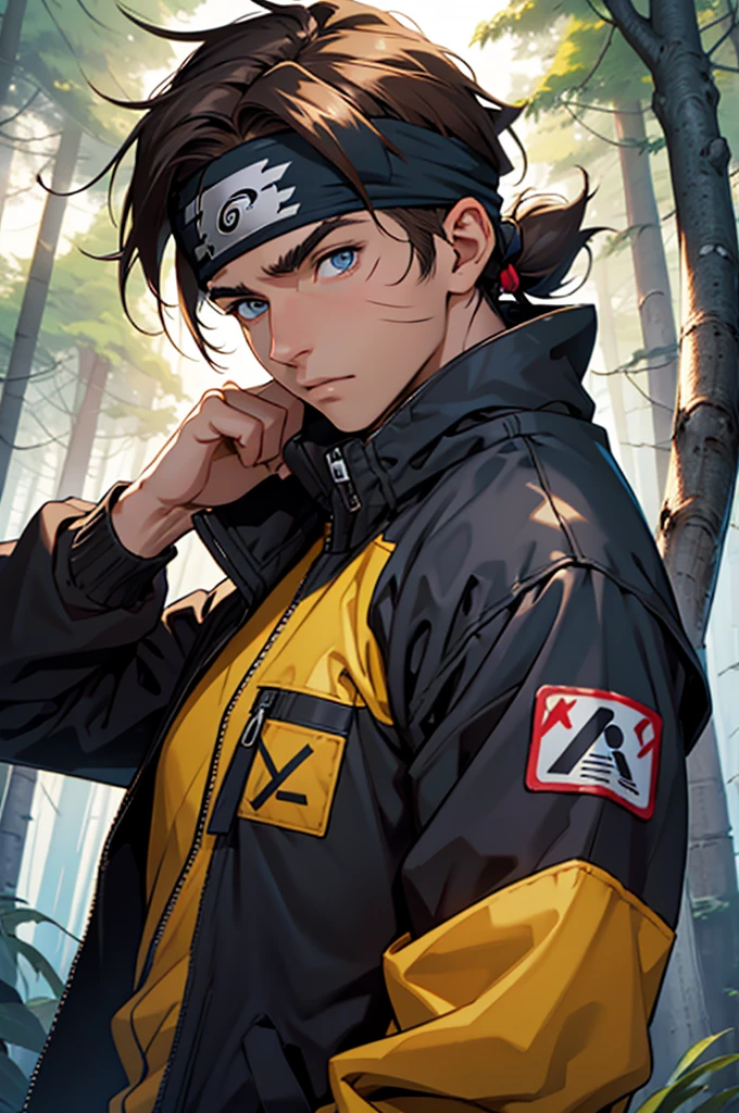 A European looking guy with messy straight  chocolate brown hair, named Mira1, Handsomer, High quality picture, With Naruto blue headband With air symbol, wearing black jacket, 4K, in the forest, both eyes clear