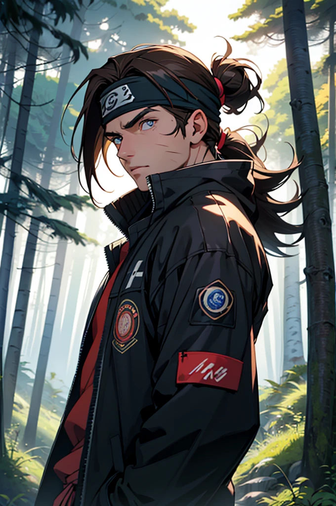 A European looking guy with messy straight chocolate brown hair, named Mira1, Handsomer, High quality picture, With Naruto blue headband With air symbol, wearing black jacket, 4K, in the forest, both eyes clear