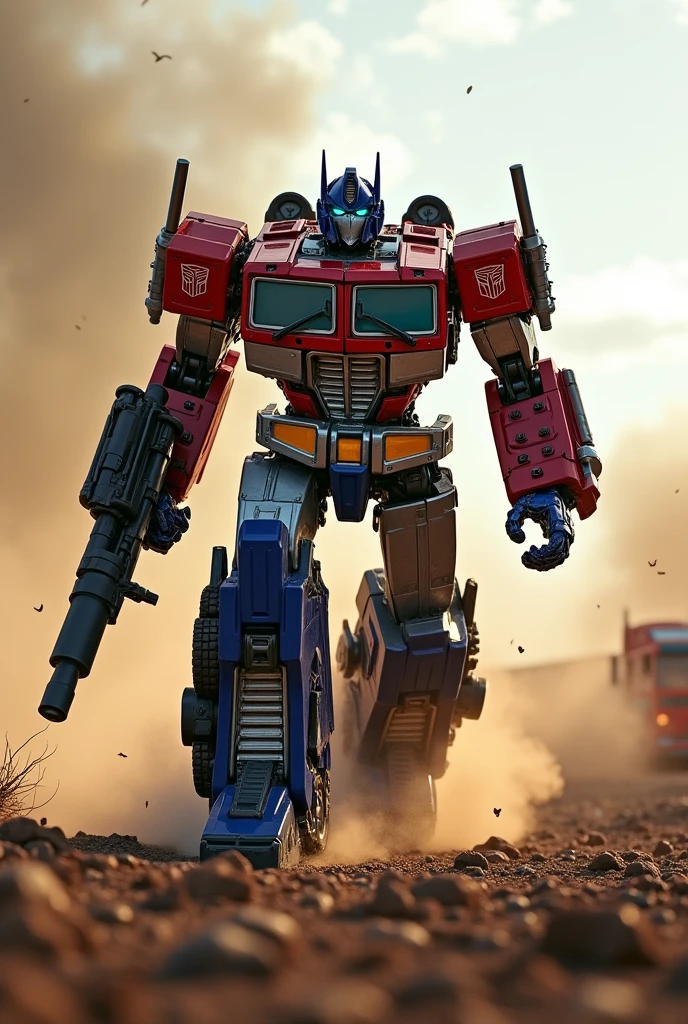 a highly detailed and realistic Optimus Prime robot. Hulk buster, very detail. High tech.extremely dynamic and energetic pose, running and jumping through a war-torn battlefield, firing a bazooka. Big on his back engaged in an intense battle with Megatron, cinematic tilt-shift photography effect, hyper-detailed, 8k, photorealistic, dramatic lighting, vivid colors, industrial sci-fi, best quality. Very epic. Ashes everywhere. Ember. Michael bay. Travis knight. Hasbro. Takara tomy