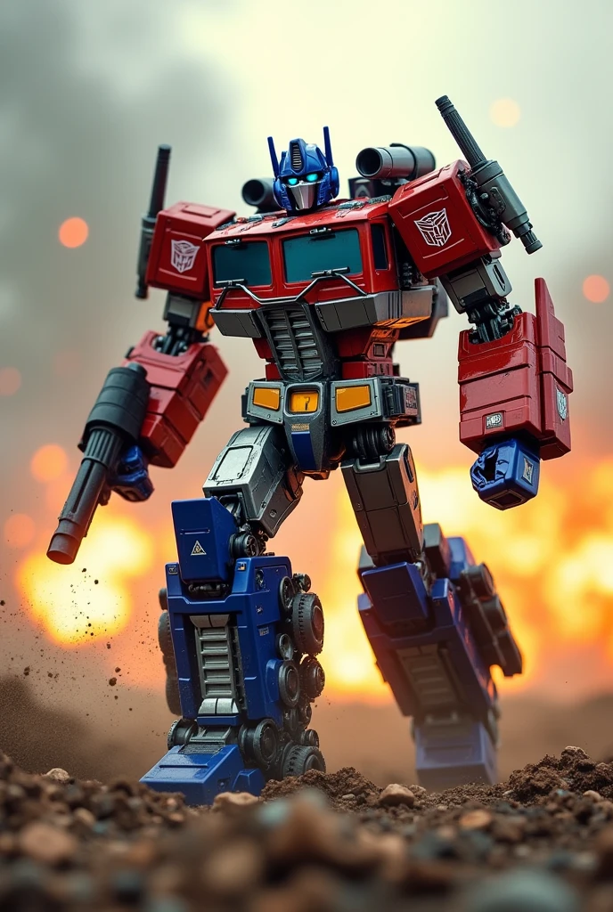 a highly detailed and realistic Optimus Prime robot. Hulk buster, very detail. High tech.extremely dynamic and energetic pose, running and jumping through a war-torn battlefield, firing a bazooka. Big on his back engaged in an intense battle with Megatron, cinematic tilt-shift photography effect, hyper-detailed, 8k, photorealistic, dramatic lighting, vivid colors, industrial sci-fi, best quality. Very epic. Ashes everywhere. Ember. Michael bay. Travis knight. Hasbro. Takara tomy
