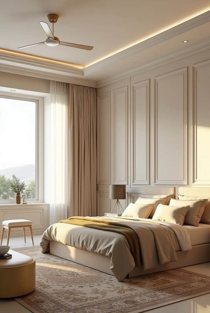 Professional 3d architecture rendering design of modern and gold French design for bedroom with light cream painting wall and light cream closet and modern bed with light moss and light glassy thunder and light beige color tem and modern ceiling lighting and modern windows and beautiful curtains and beautiful and elegant dark gold blanket and light beige sheet and modern light beige velvet bedrooms sofa and silk Persian carpet and dark gold small sofa and white matte modern makeup table and elegant accessories