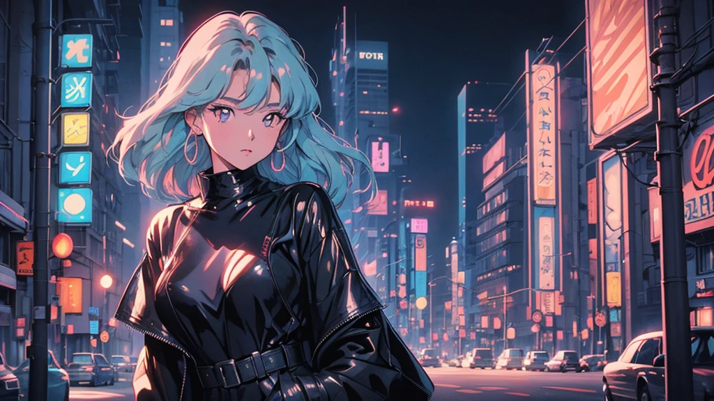 1peopleの,Cityscape,Retro art style,cyber punk,night,City lights,lamp post,1980s,sf,Highest quality:1.2,High resolution,Very detailed,Realistic:1.37,Vibrant colors,Sharp focus,Physically Based Rendering,longeyelashes This is a high quality photo、Very detailed、Realistic paintings，Illustrated image of a girl in a dark futuristic city。The painting shows a retro artistic style，Inspired by the 1980s。Girl standing in front of a city skyscraper，Surrounded by bustling Cityscapes and bright neon lights。There are several street lights on the city streets at night，Glow softly in the dark night。絵の中のpeople物の細部が非常に鮮明である，Her eyes are unusually fine、cute，The lips are Also very delicate。She wears futuristic clothes，Shows a sf atmosphere。The whole picture is colorful，Sharp details，people々Give a sense of reality to。The overall tone of the picture is sf，Showcasing the strangeness of futuristic cities。Also，The screen Also uses physical rendering technology，Make the details of the picture more Realistic，Create an immersive experience。
