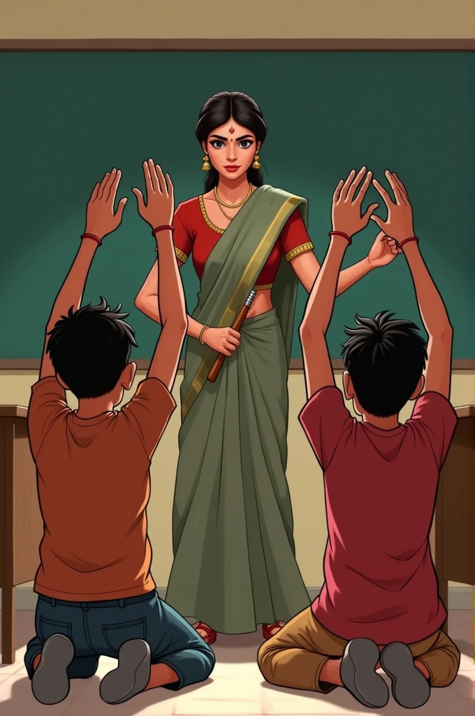 Two 19 year old indian boys kneeling inside the class room next to the black board with their hands raised straight high up in the air. A lady teacher with saree scolding them with a stick in her hand. Boys showing pain