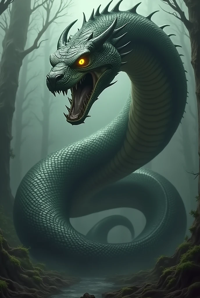 Creates an image of a giant snake about 8-9 meters tall. Its body looks like a large scaled snake with a slender body and strong muscles. It has dark green scales mixed with black patterns and has large sharp thorns from the back to the tip of the tail. Its head looks scary with glowing yellow eyes and sharp fangs. It has a long and powerful tail which is used to attack and capture prey. Slather also has the ability to become invisible and hide to attack prey from ambush.