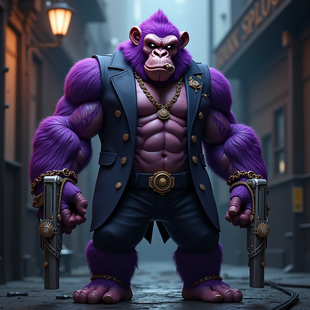 Purple Ape, with giant weapons, with gangster SUIT with chains, tattooed, with diamond and gold rings, smoking with a pipe