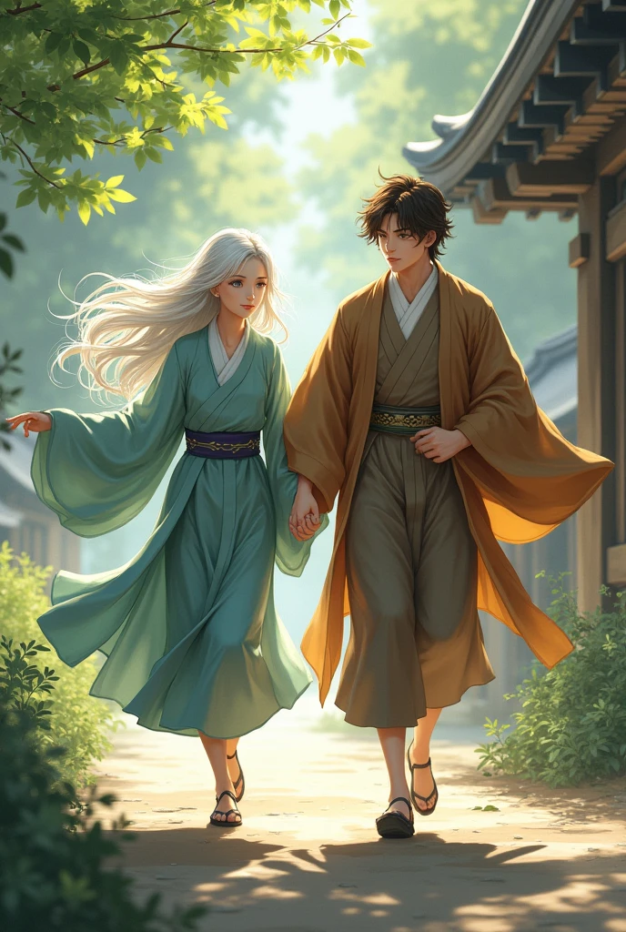 A young man with medium length white hair and blue eyes wearing a shrine maiden outfit、Running hand in hand with a handsome young man with brown hair, brown eyes and a brown kimono