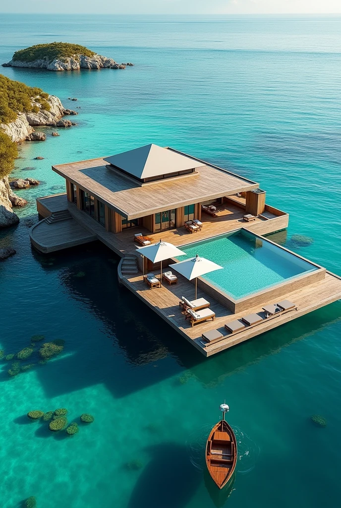 The image is an aerial view of a luxurious floating house in the middle of the ocean. The house is made of wood and has a flat roof with multiple levels. It has a large swimming pool in the center and a wooden deck on the right side. There are several lounge chairs and umbrellas on the deck, providing a perfect spot to relax and enjoy the view. On the left side of the house, there is a small wooden boat with a motor, floating on the water. The water is a beautiful turquoise color and there are small rocks and coral reefs surrounding the house. The overall atmosphere of the image is peaceful and serene.