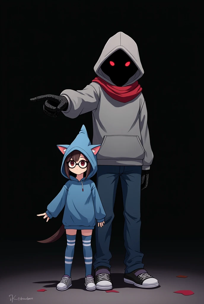 Anime pointing, black void man, with orange hollow eyes, red scarf, gray hoodie, blue jeans, with a girl, wearing a blue hoodie with only 2 white stripes on the chest of the hoodie and arms, blue thigh highs with white strips only 2, wearing blue cone on head with white stripe, wolf ears, wearing basic circle glasses