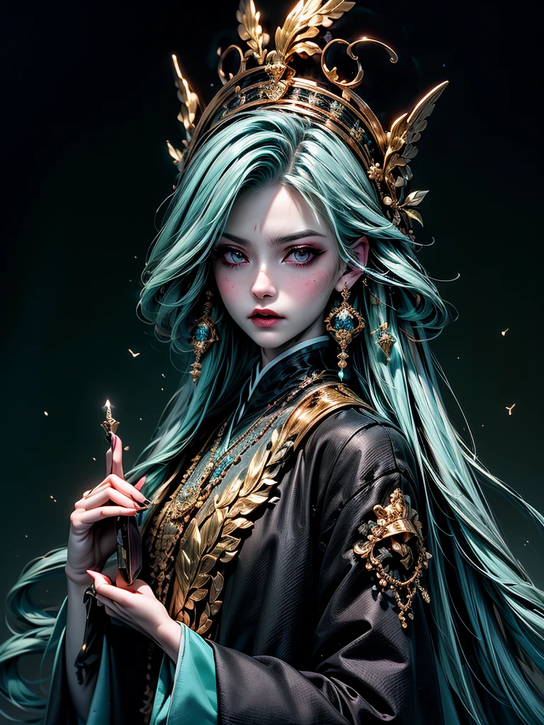 Anime Witch,Hair Color Azure,Eye Color Dark Green,The scale of the painting is breathtaking,Casts a Spell and Everything Rises with Gusts of Wind,Charming with a Beautiful Figure,hands up,Spell Book Glows Golden Color,High Definition Wallpapers 4k, Fantasy, fantasy, Details maximum, masterpiece, Clear Development of the Picture