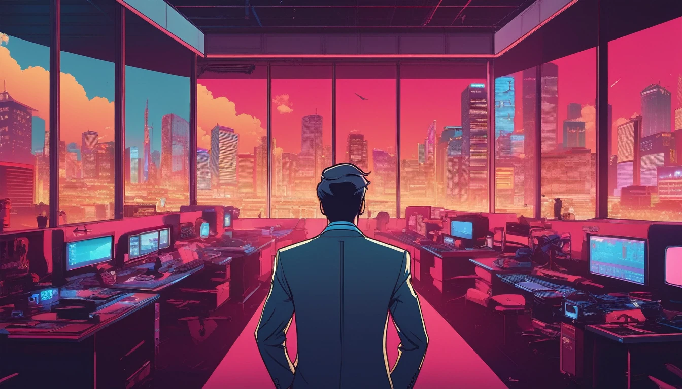 movie写真 ヴィンテージフィルムスタイル, (((Man in suit))) , More than one person、conference room、Looking at the camera、Raising his right hand、bye bye、As I turned around、Anime Style, Key Visual, Vibrant, Studio Anime, Very detailed, Hotline Miami Style, neon, . 35mm Photography, movie, Bokeh, Professional, 4K, Very detailed
