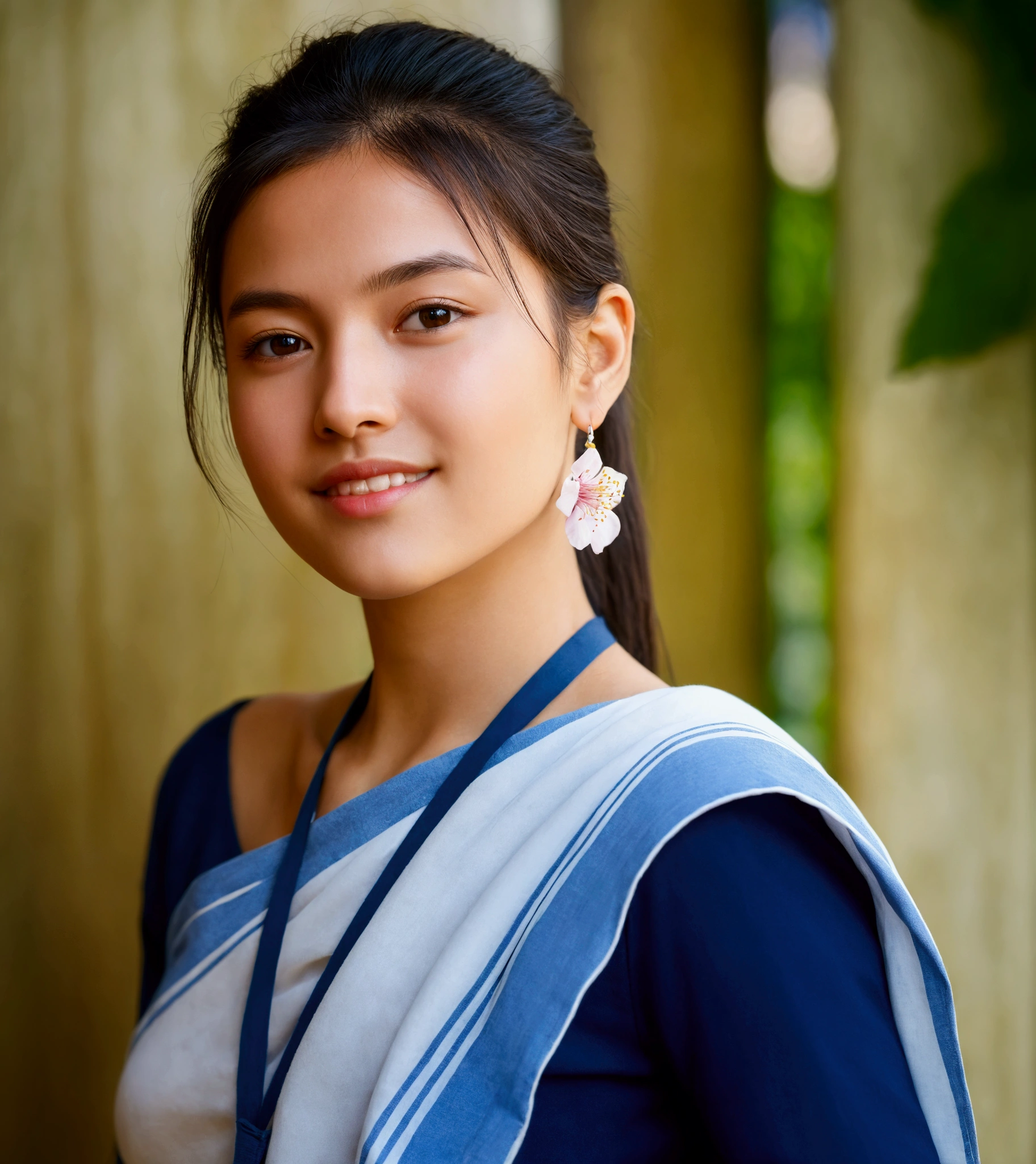 An ultra-realistic photograph captured with a Sony α7 III camera, equipped with an 85mm lens at F 1.2 aperture setting, portraying a young woman age of 18. sitting on a wooden bench in a sunlit park. The background is beautifully blurred, highlighting the subject. The park is adorned with lush greenery and blooming flowers, creating a serene atmosphere. Soft sunlight gracefully illuminates the subject’s face and hair, casting a dreamlike glow. The image, shot in high resolution and a 16:9 aspect ratio, captures the subject’s natural beauty and personality with stunning realism –ar 16:9 –v 5.2 –style raw