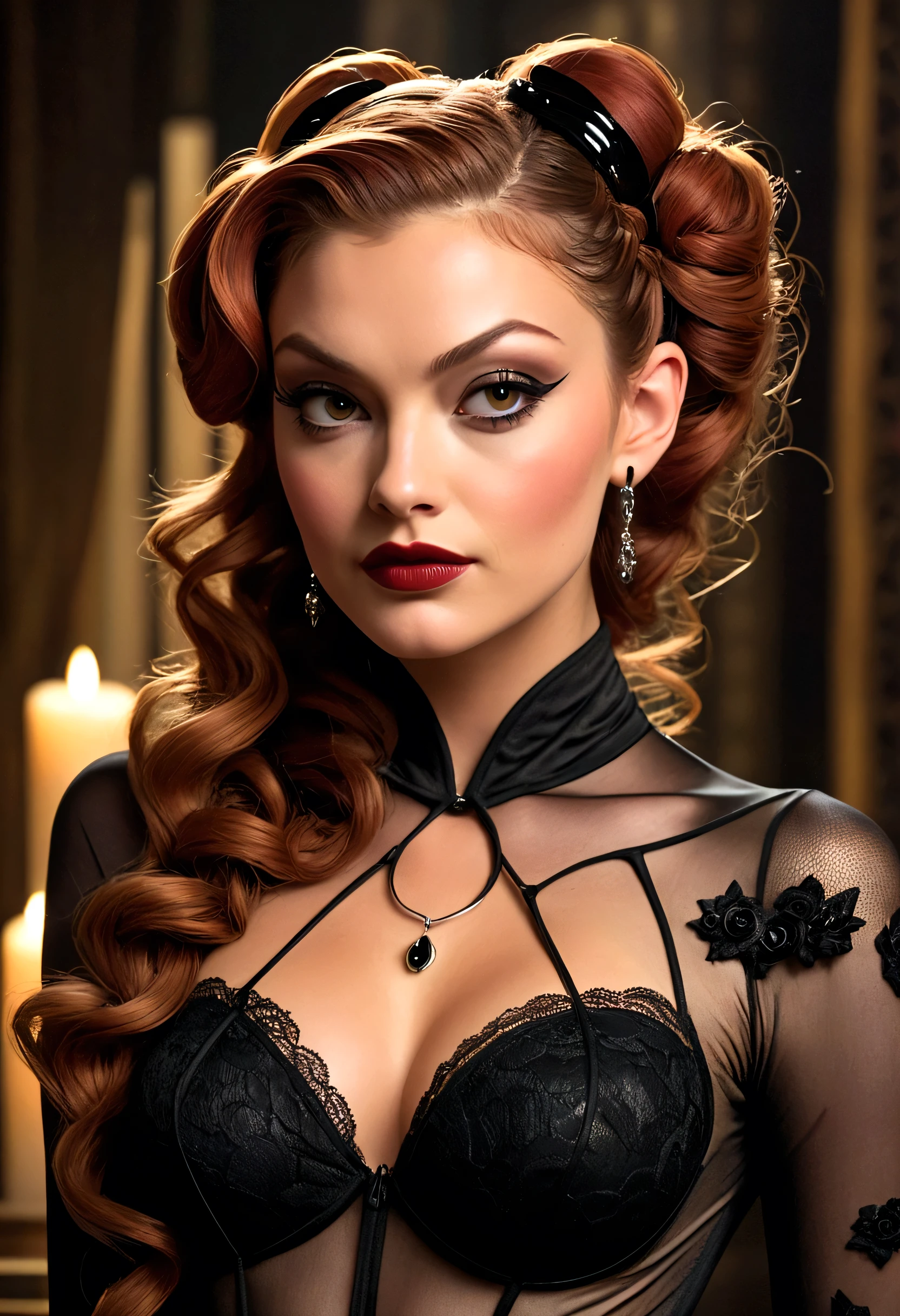 Full body photo of Catwoman Lili Simmons, wavy curls, red hair five feet long, updo hairstyle with one side ponytail and long bobby pins holding the long braid bun, dark red glossy lips, heavy black eyeshadow, long black eyeliner, long sharp claws, black lace beautiful and creative catwoman bodysuit with no jewelry, huge cleavage, clear ears without earrings, without earrings, without earrings, without earrings, no jewelry, beautiful lace ornament on the forehead, posing in a catwoman's lair, happy expression, dark environment at night candle lights. No faces on your chest!