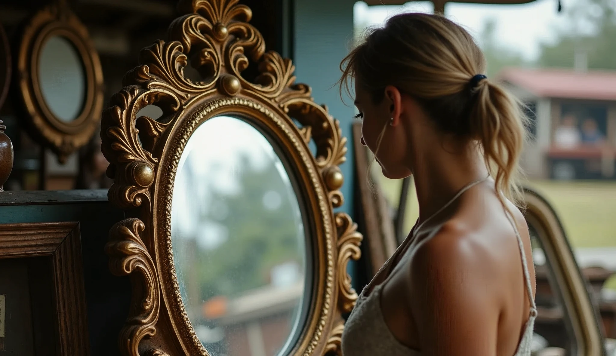 woman finds an ornate, antique mirror at a yard sale. The frame is intricately designed with swirling patterns and looks almost alive. The yard sale setting is cluttered with old items, creating a sense of history and mystery."