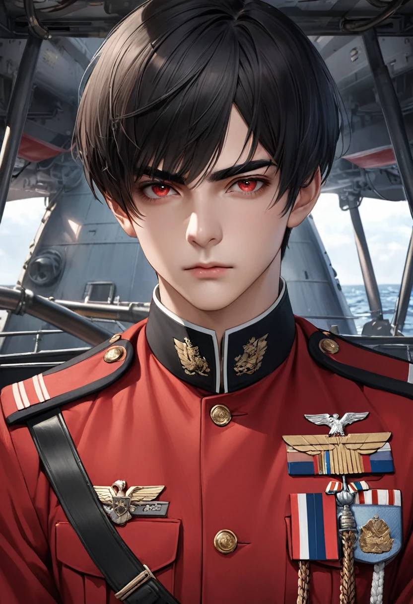 1 person　male　Black short hair　Black eyebrows　Bangs that cover the eyes　Crimson Eyes　Red military uniform　Inside the battleship　Realistic