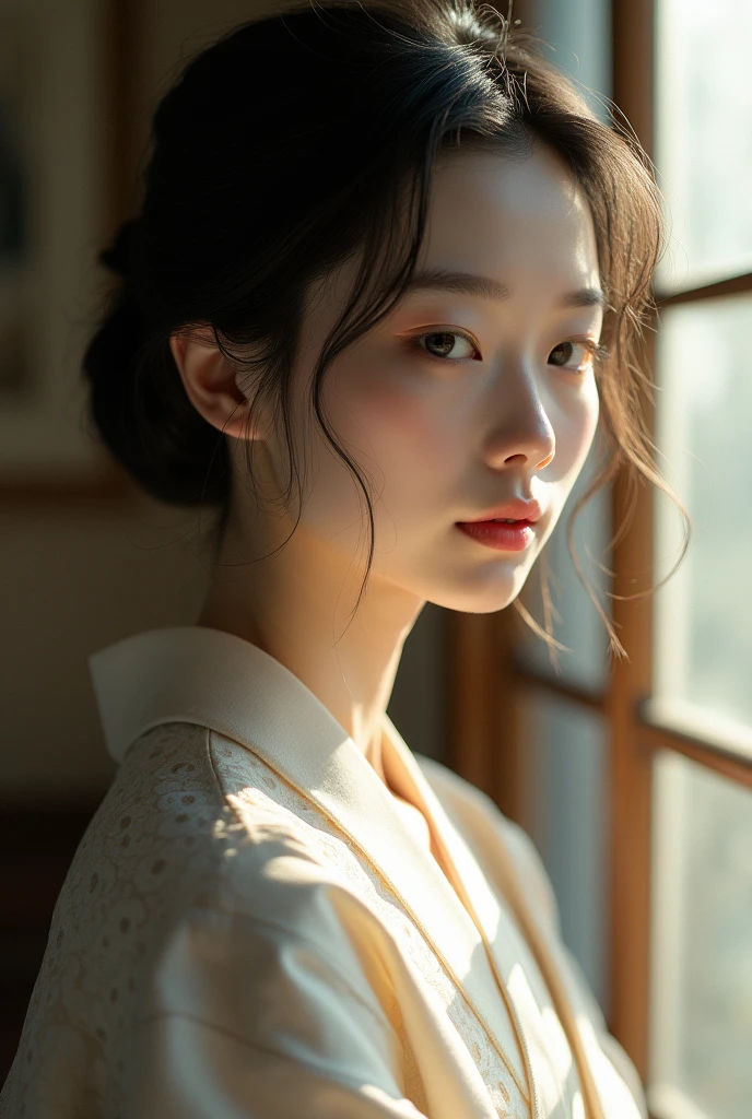 An elegantly dressed Japanese woman in natural light、A close-up of her chest and calm expression.、It shows her inner peace and outer charm.。
