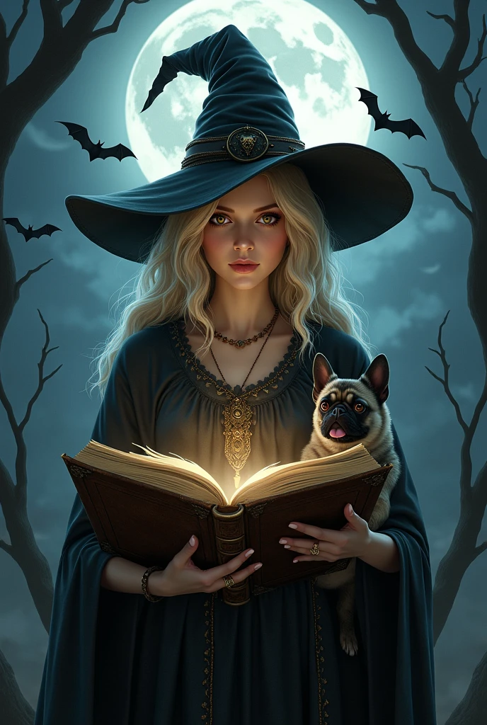 Witch with black witch hat, brown eyes, shoulder length blonde hair , with an old open book , with a pug dog , at night, with the full moon and bats in the background