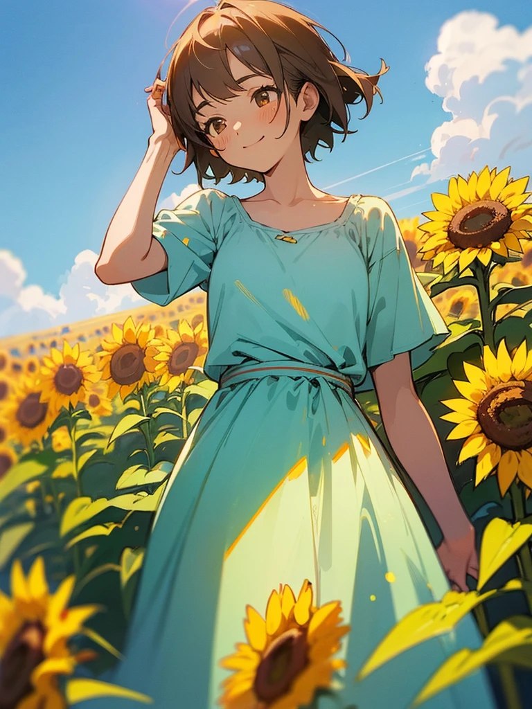  master piece, best quality, for below, cinematic angle, upper body , pigeon toed,  
Anime-style Moe illustration, summer vacation theme, 20-year-old woman, sunflower field, short hair, 
Picnic Maxi Dress, slightly inner thighs, smile, accurate drawing, Active pose, Active Angle, 