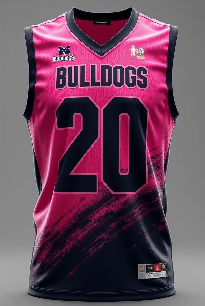 Black and pink flag football jersey, that says BULLDOGS and the number 20 on the front and that it doesn't have sleeves and has a gradient print