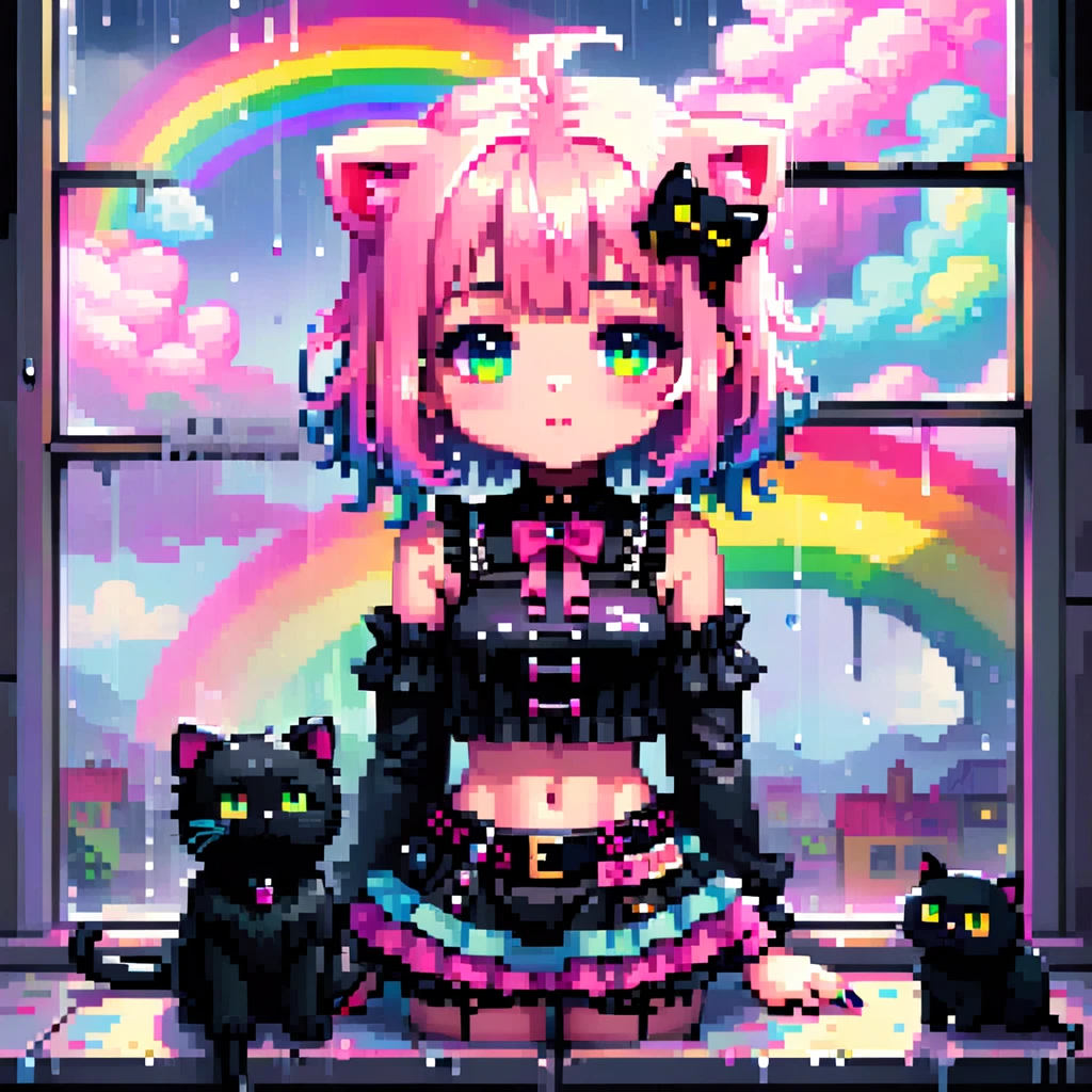 rainbow, cute, kawaii, pink, (adorable frilly clothing), Retro Game, retro-style characters, (masterpiece, best quality, perfect composition, very aesthetic, absurdres, ultra-detailed, intricate details, Professional, official art, Representative work:1.3) ultra detailed, 4k, high quality, beautiful, cute face, gothic girl with belts, emo, colorful hair, split hair, watching rain through a window, bedroom, dark tones, monochromatic, monotonous, world, teddybear, goth, punk, black nails, black cat, there is a rainbow and cute animals on the window, fantasy cute world, kawaii pink clouds