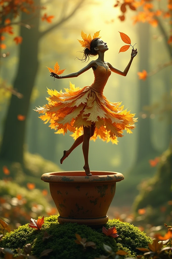 A whimsical miniature figure composed of delicately arranged autumn leaves, poised in a carefree dance on the rim of a weathered, moss-covered terracotta pot, set against a lush, vibrant forest backdrop, where dappled sunlight filters through the canopy above, casting Intricate shadows. The overall aesthetic is ethereal, with warm, earthy tones of sienna, umber, and olive green, infused with hints of emerald and golden light, evoking a sense of wonder and enchantment, as if plucked from a
fantastical realm.