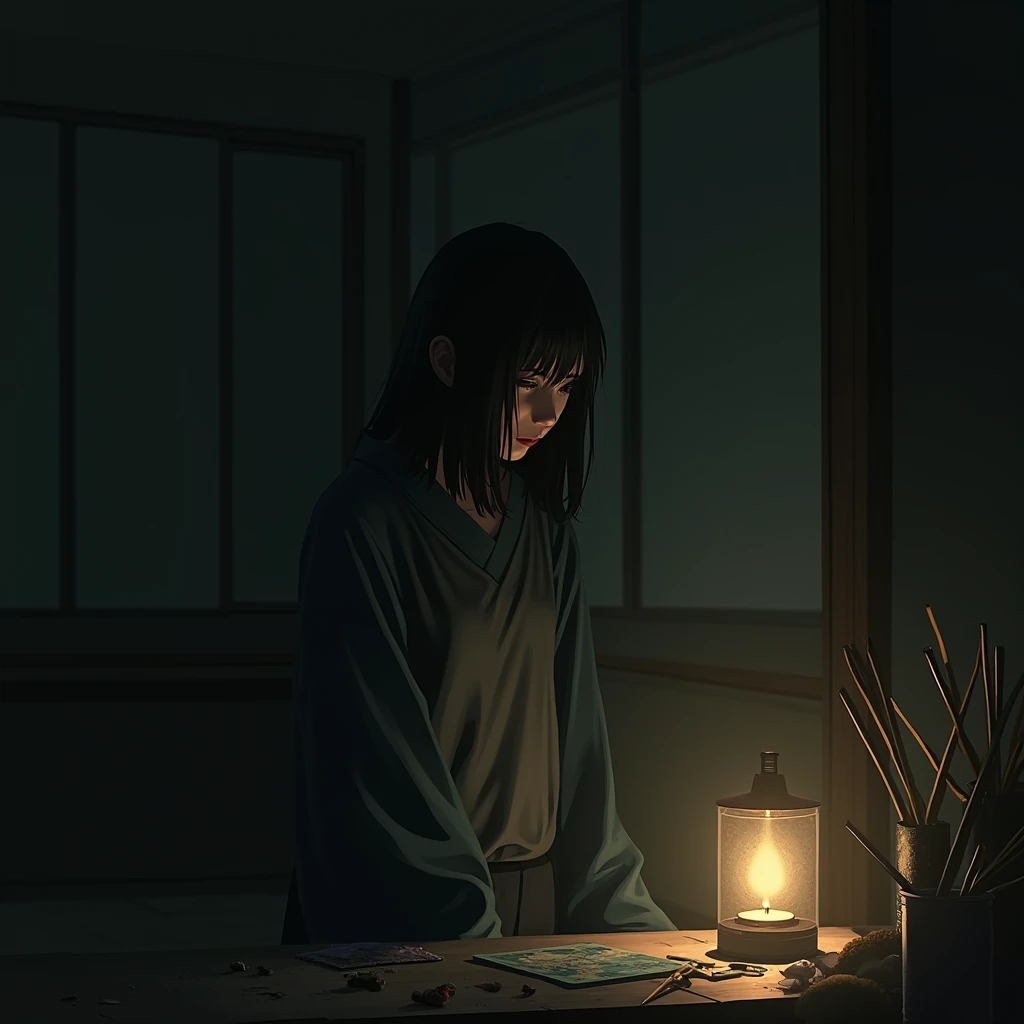 female, disappointed, in the room, at midnight, expressionless, dark atmosphere, gradient black background, with painting and writing tools, japanese