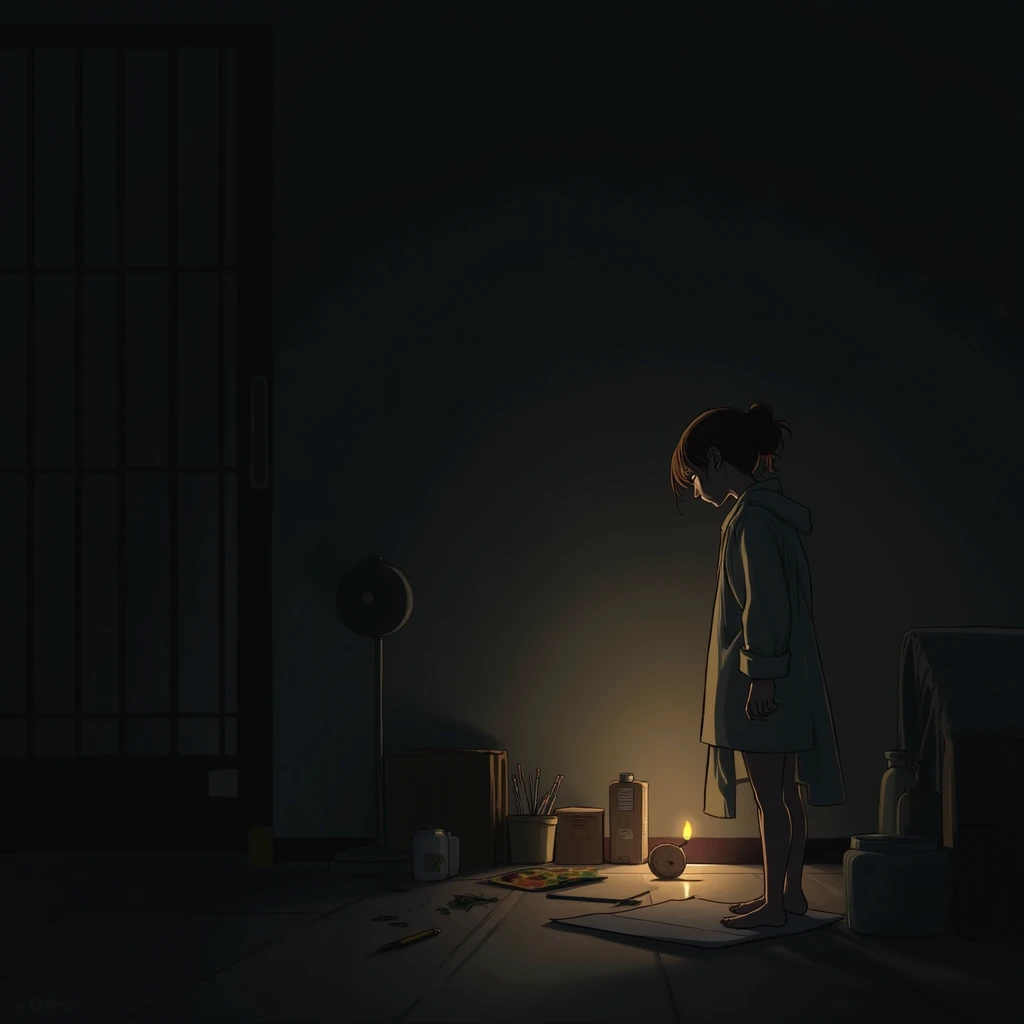 female, disappointed, in the room, at midnight, expressionless, dark atmosphere, gradient black background, with painting and writing tools, japanese