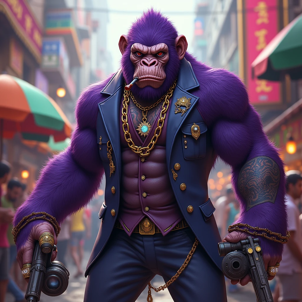 Purple Ape, with giant weapons, with gangster SUIT with chains, tattooed, with diamond and gold rings, smoking with a pipe, at an Indian fair