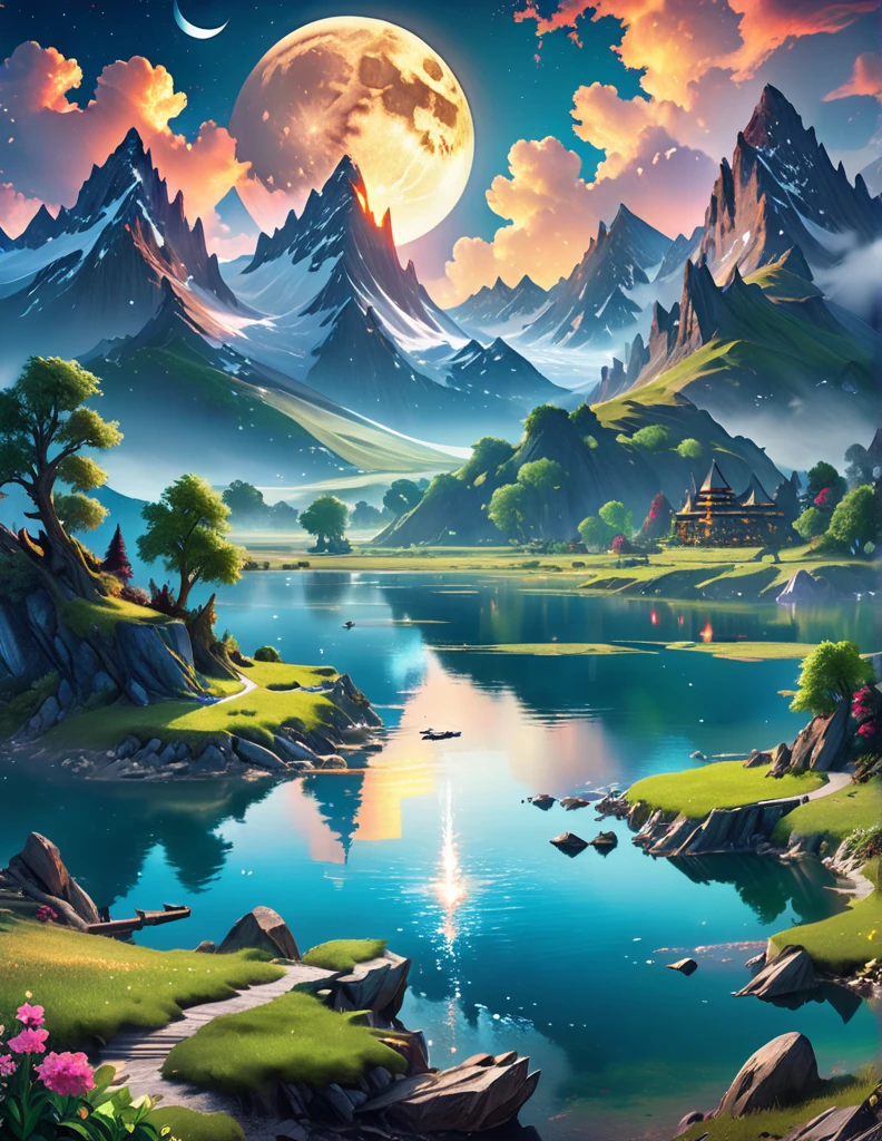 mountains and a lake with a moon in the sky, 4k highly detailed digital art, 4 k hd wallpaper very detailed, impressive fantasy landscape, sci-fi fantasy desktop wallpaper, unreal engine 4k wallpaper, 4k detailed digital art, sci-fi fantasy wallpaper, epic dreamlike fantasy landscape, 4k hd matte digital painting, 8k stunning artwork