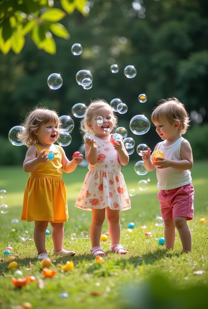 3 children garden Soap bubble play