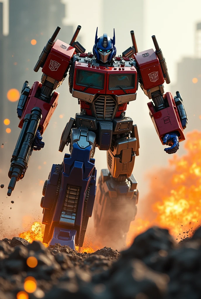 a highly detailed and realistic Optimus Prime robot. Hulk buster, very detail. High tech.extremely dynamic and energetic pose,combine with Jetfire .. running and jumping through a war-torn battlefield, firing a bazooka. Big on his back engaged in an intense battle with Megatron, cinematic tilt-shift photography effect, hyper-detailed, 8k, photorealistic, dramatic lighting, vivid colors, industrial sci-fi, best quality. Very epic. Ashes everywhere. Ember. Michael bay. Travis knight. Hasbro. Takara tomy