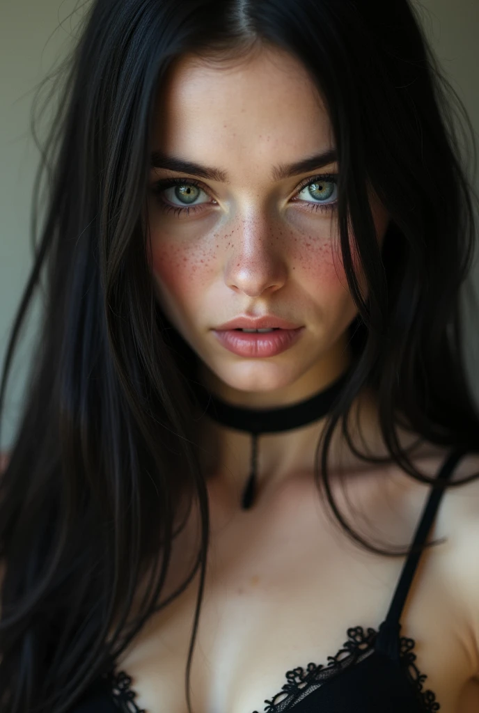 beautiful desktop background picture of young goth woman, dark detailed eyes, closeup, pale, long straight hair, warm lighting, ethereal, light freckles, blushing, snow white skin, sharp, black lingerie