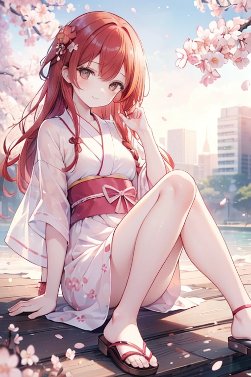 rikosakurauchi, riko sakurauchi, (brown eyes:1.5), hair between eyes, long hair, (redhead:1.5), (small breasts:1.2), smile,cherry blossom hair ornament,short braided hair,pink floral yukata,Zori sandals,I&#39;ll turn around,Cherry blossoms are scattered,pink landscape,
壊す looking at viewer, 
rest outdoors, destroy the cherry blossom treeasterpiece:1.2), highest quality, High resolution, unity 8k wallpaper, (shape:0.8), (fine and beautiful eyes:1.6), highly detailed face, perfect lighting, Very detailed CG, (perfect hands, perfect anatomy),