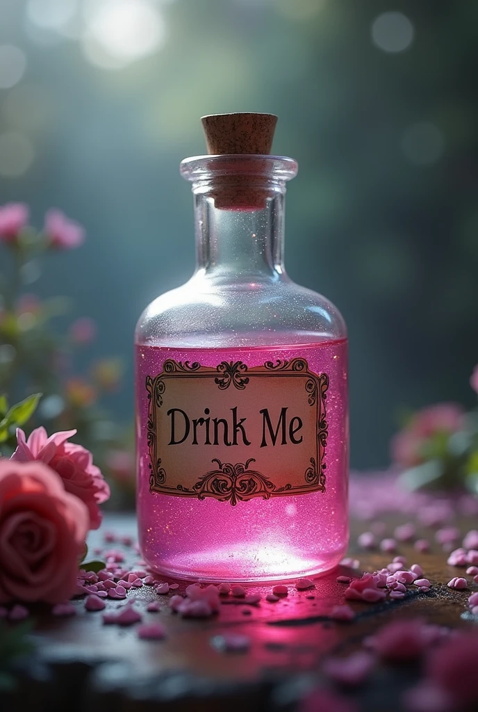 create alice in wonderland potion,  that has a label that says [drink me[, that the potion looks shiny, that it is transparent pink