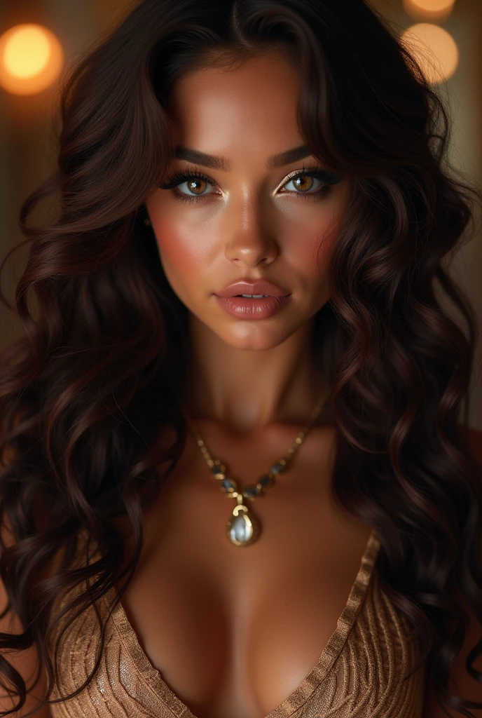 a beautiful girl with long curly hair, seducing gaze, wearing a revealing outfit with a low neckline, jewelry, 1girl, masterpiece, ultra-detailed, 8k, photorealistic, highly detailed face, extremely detailed eyes and face, beautiful detailed lips, longeyelashes, detailed skin texture, elegant, confident, sensual, league of legends, miss fortune, posse, sexy atmosphere, dramatic lighting, warm color palette