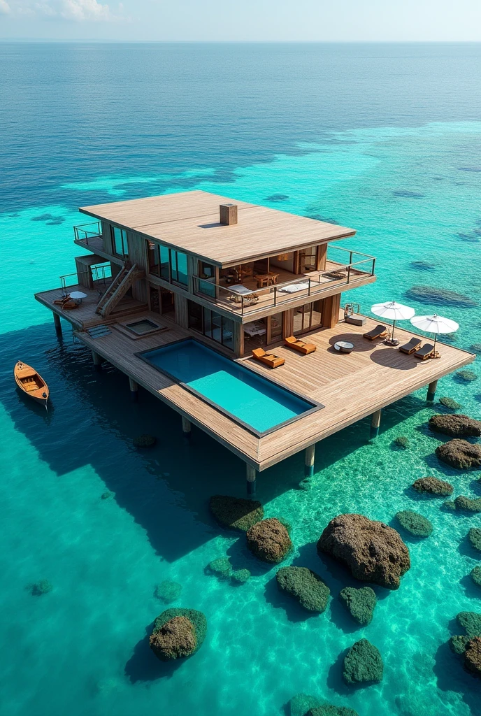 The image is an aerial view of a luxurious floating house in the middle of the ocean. The house is made of wood and has a flat roof with multiple levels. It has a large swimming pool in the center and a wooden deck on the right side. There are several lounge chairs and umbrellas on the deck, providing a perfect spot to relax and enjoy the view. On the left side of the house, there is a small wooden boat with a motor, floating on the water. The water is a beautiful turquoise color and there are small rocks and coral reefs surrounding the house. The overall atmosphere of the image is peaceful and serene.