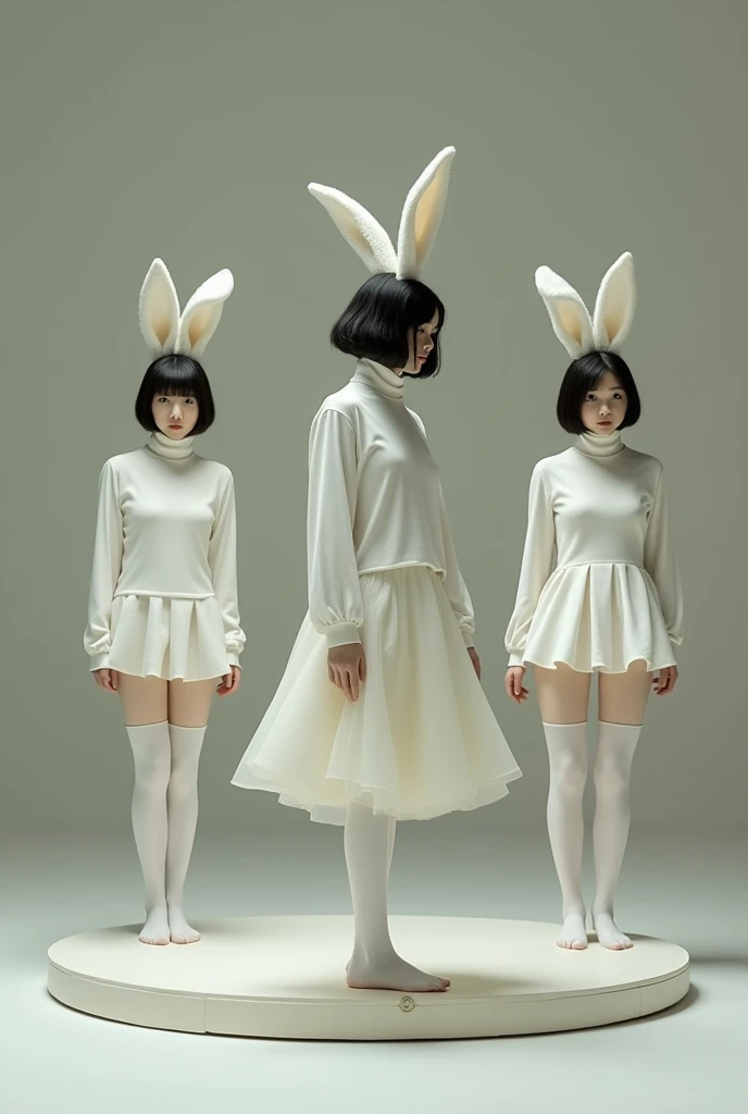 The dignity of the Japanese々Three beautiful women with short hair、Wearing a short white high-neck sweater、Wearing thick white tights、Wearing rabbit ears、She was wearing only tights and no shoes、Dressed as a rabbit from a Western fairy tale、On a small circular stage、She is standing on her tiptoes, facing right, sticking out her buttocks, posing like a fox and smiling.、Nostalgic atmosphere、Real photo of the whole body