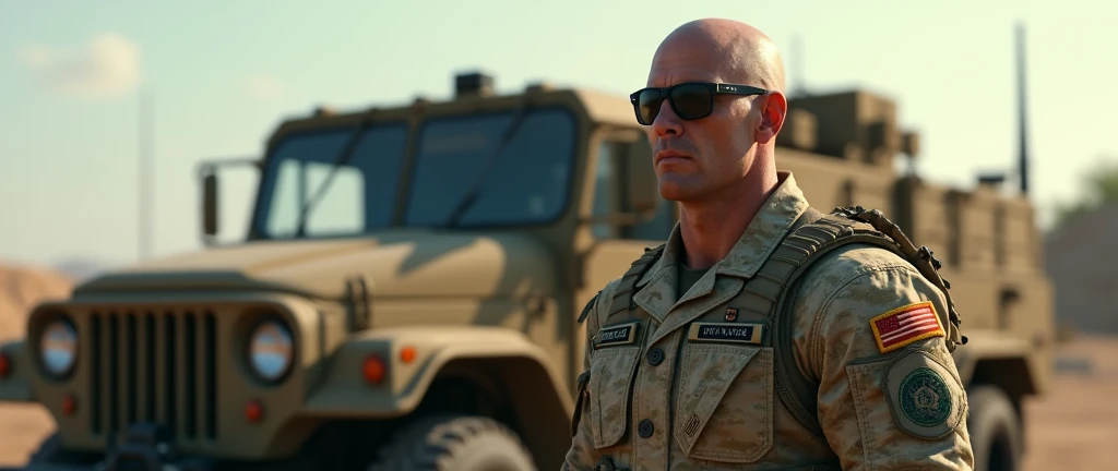 4k ((best quality)), ((masterpiece)), (detailed), hd, realistic face very muscular bald male soldiers full body stand by military truck sunglass,
